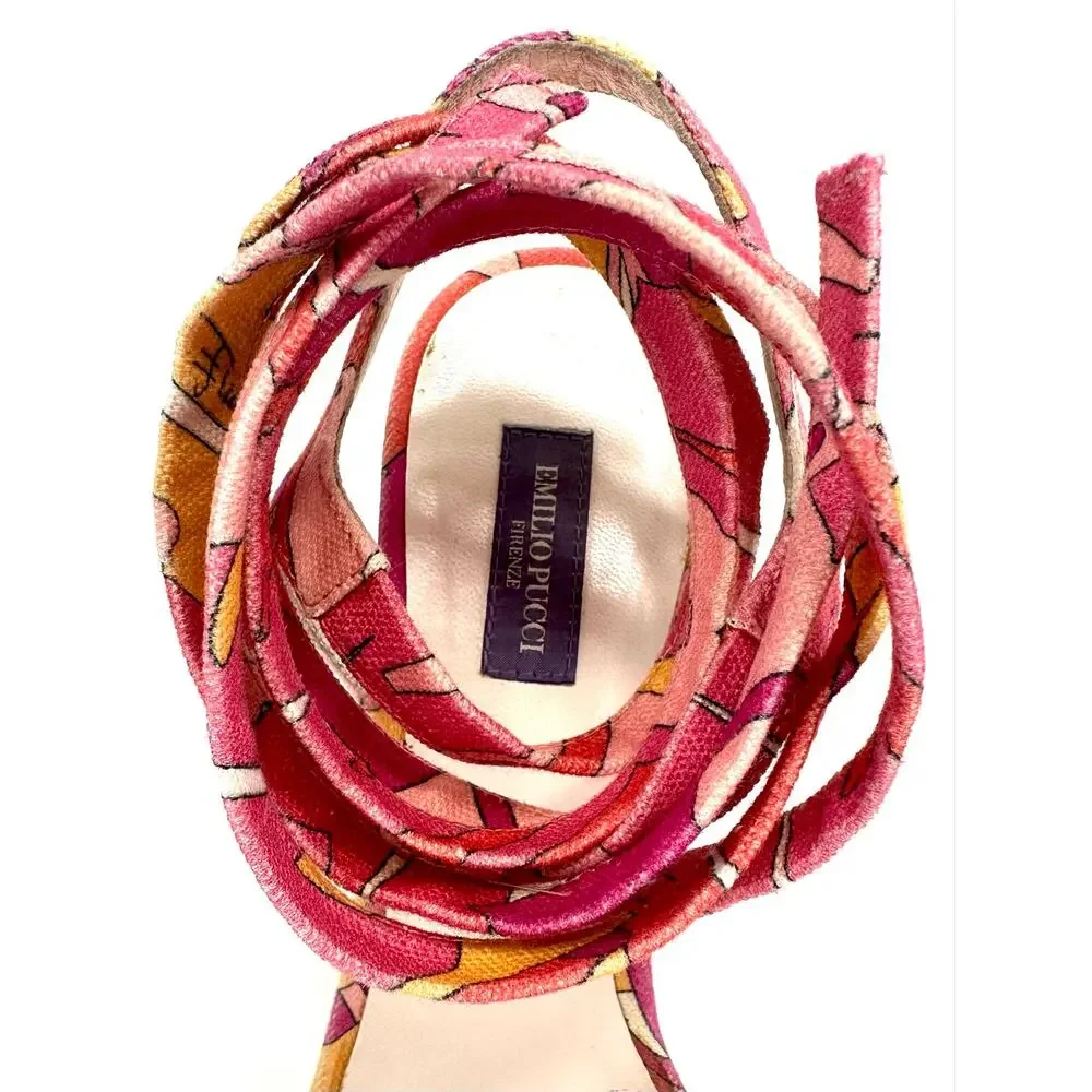 Emilio Pucci Vintage Y2K Wedge Sandal Size 10/40 Pink Multicolor Designer Italy